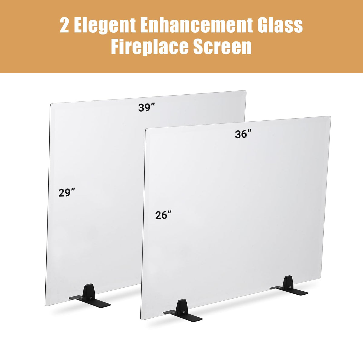36 Inch Tempered Glass Fireplace Screen with Metal Black Base J769