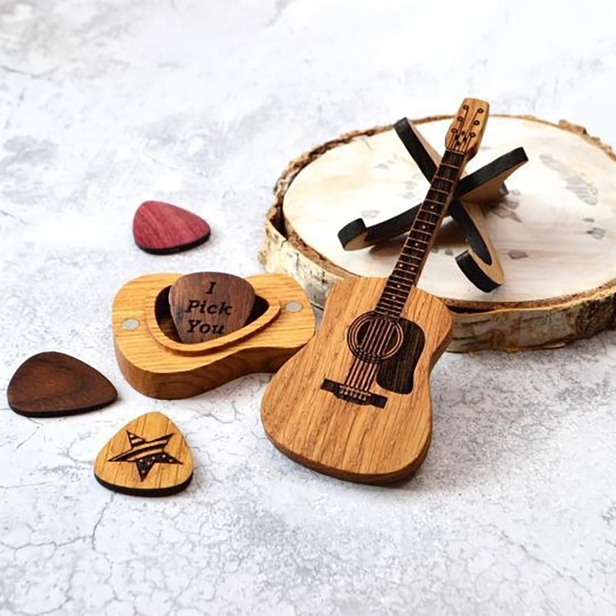 Wooden Guitar Pick Box with Stand 3PCS W5810