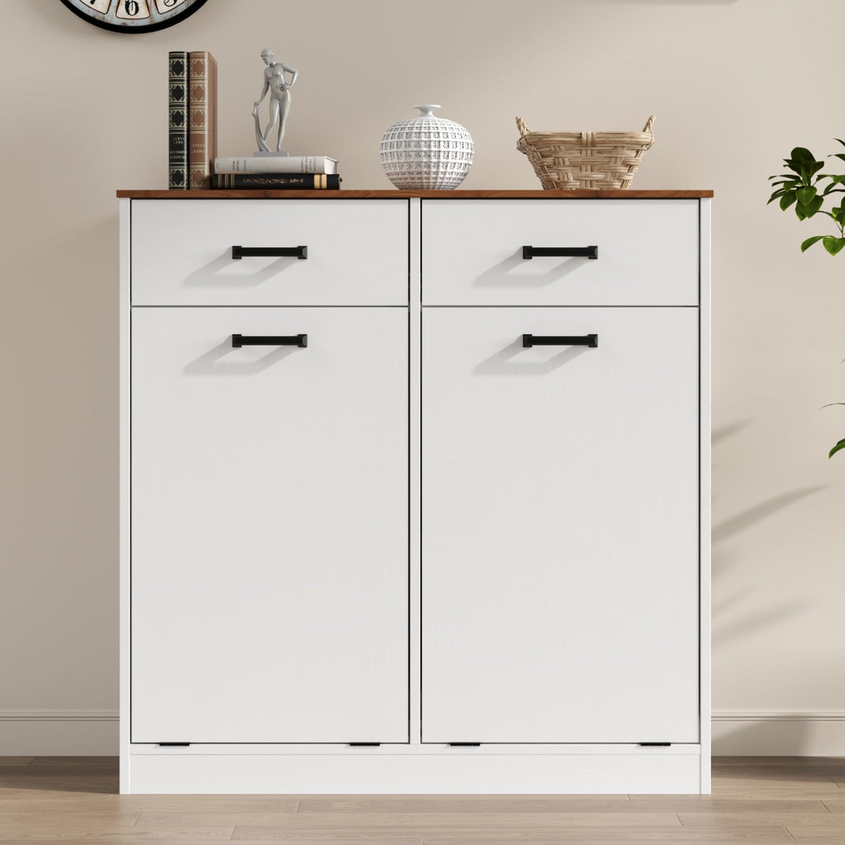 Antique White Double Tilt Out Trash Can Cabinet with 2 Drawers U480