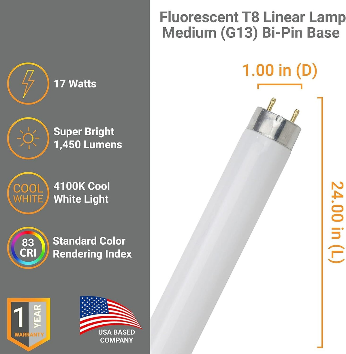 24 Inch T8 Fluorescent Tube Light Bulb 17W 4100K Cool White G13 Base Pack of 30 F126903