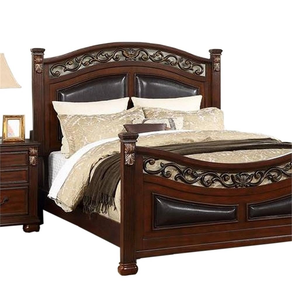 California King Wood Bed with Faux Leather Arched Headboard V19910