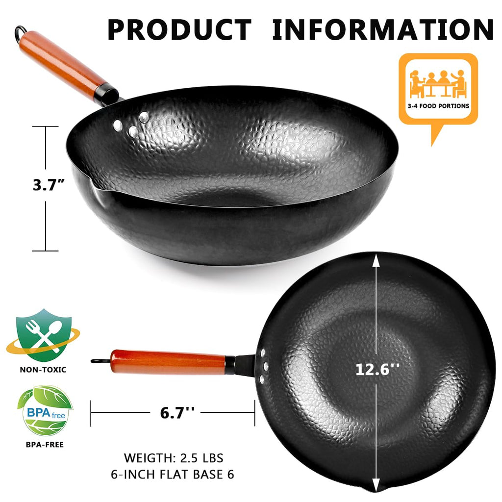 14 Piece Carbon Steel Wok Pan Set with Wooden Lid J184678