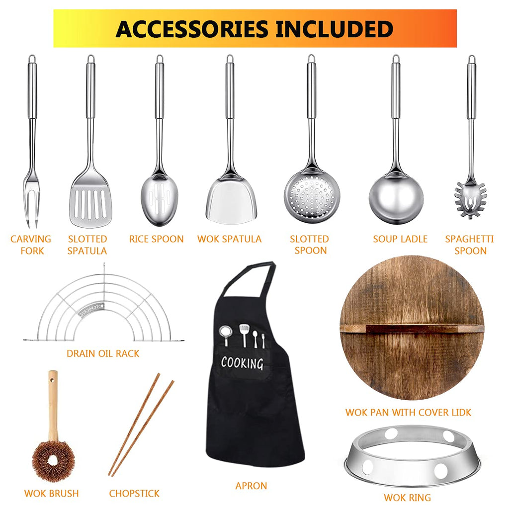 14 Piece Carbon Steel Wok Pan Set with Wooden Lid J184678