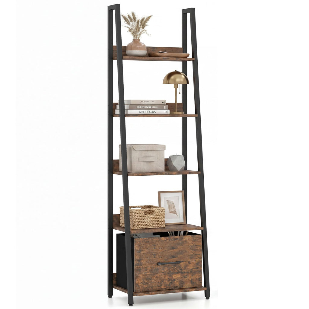 5-Tier Ladder Bookshelf with Fabric Drawer L26614