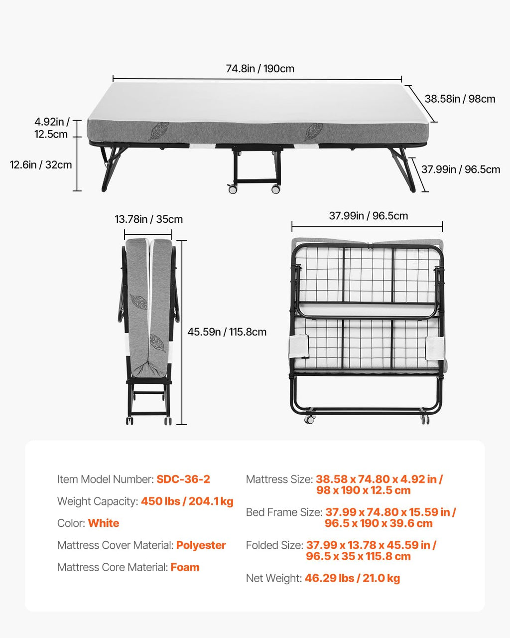 White Twin Size Folding Bed with 5 in Memory Foam Mattress V887
