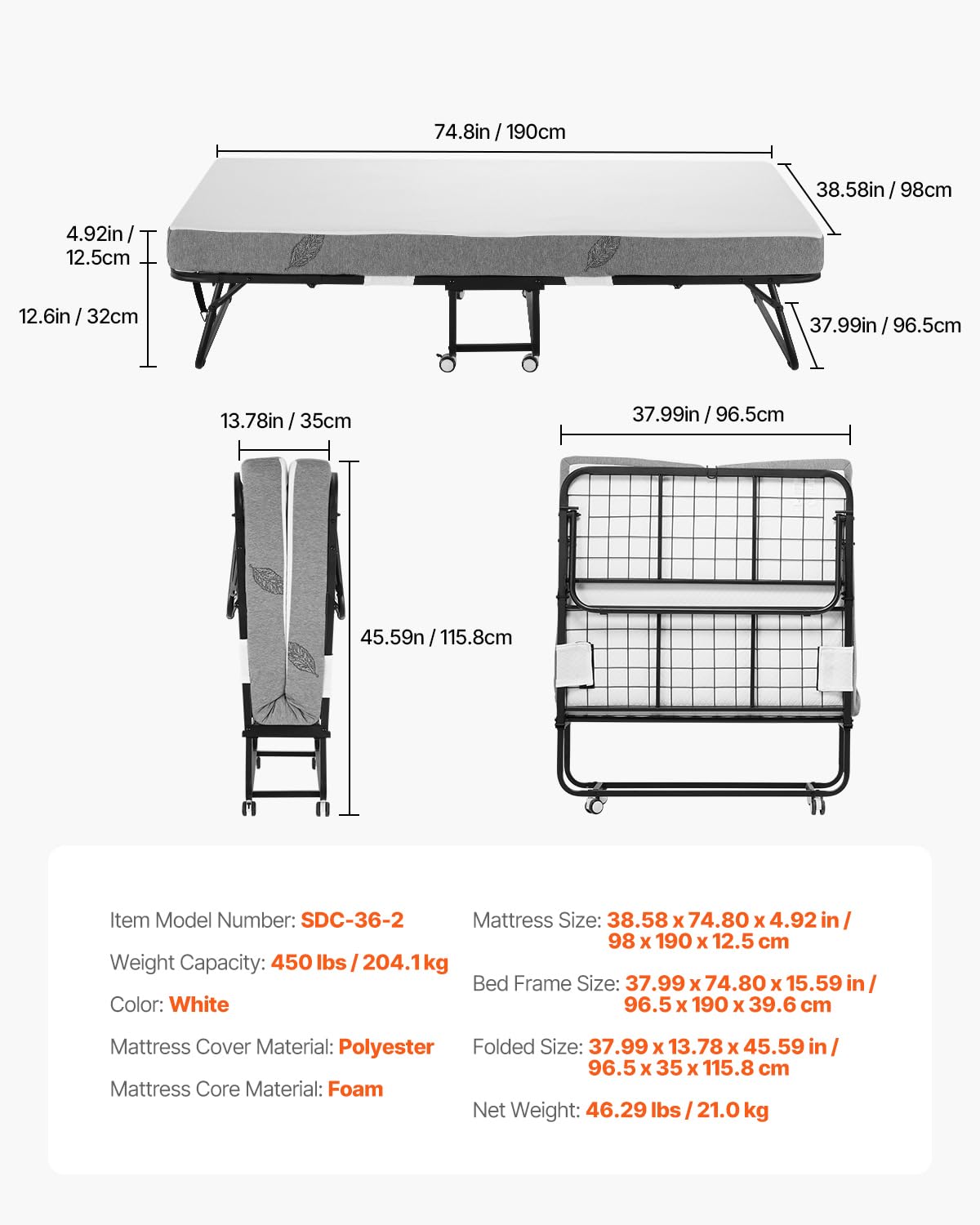 White Twin Size Folding Bed with 5 in Memory Foam Mattress V887