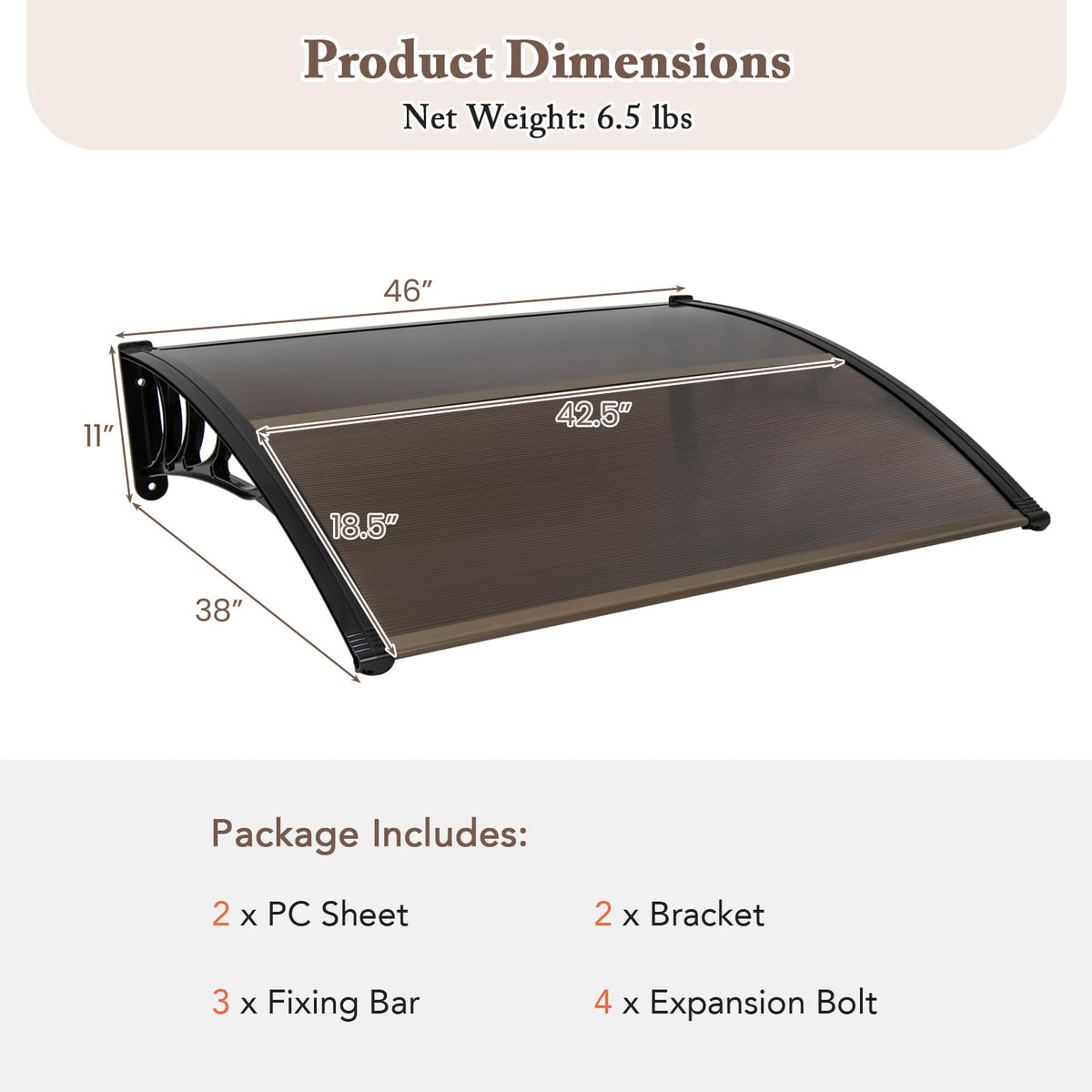 46" x 38" Polycarbonate Door Awning Canopy W425614