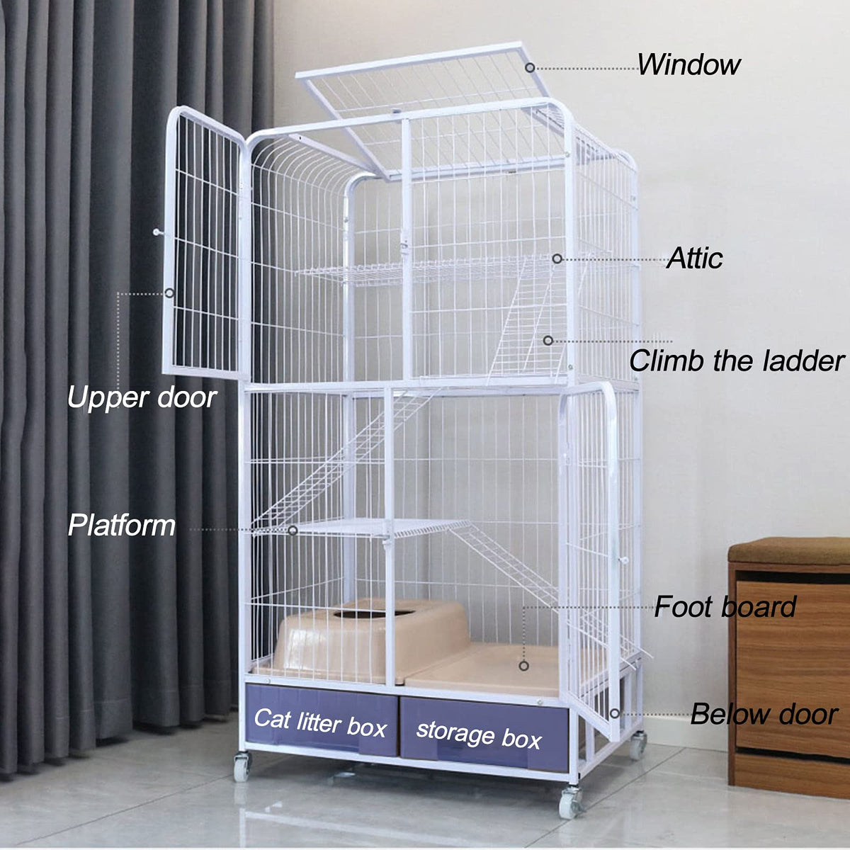 Pink Folding Metal Cat Cage Dog Crate with Four Wheels H2754
