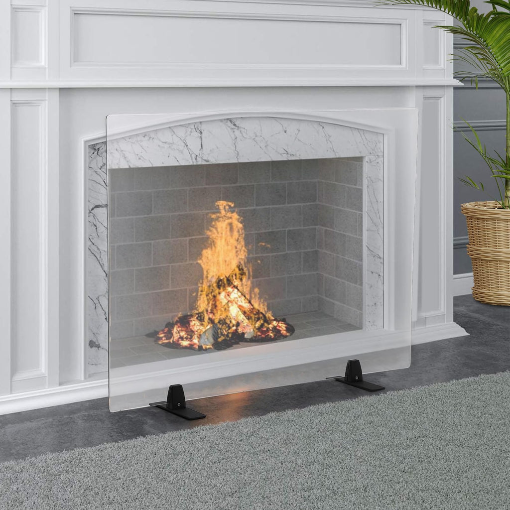 36 Inch Tempered Glass Fireplace Screen with Metal Black Base J769