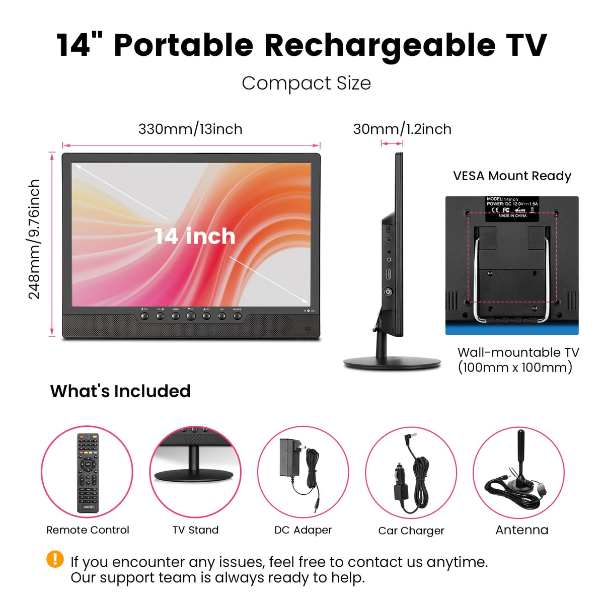 14 Inch Portable Rechargeable TV with Built-in Battery W1403