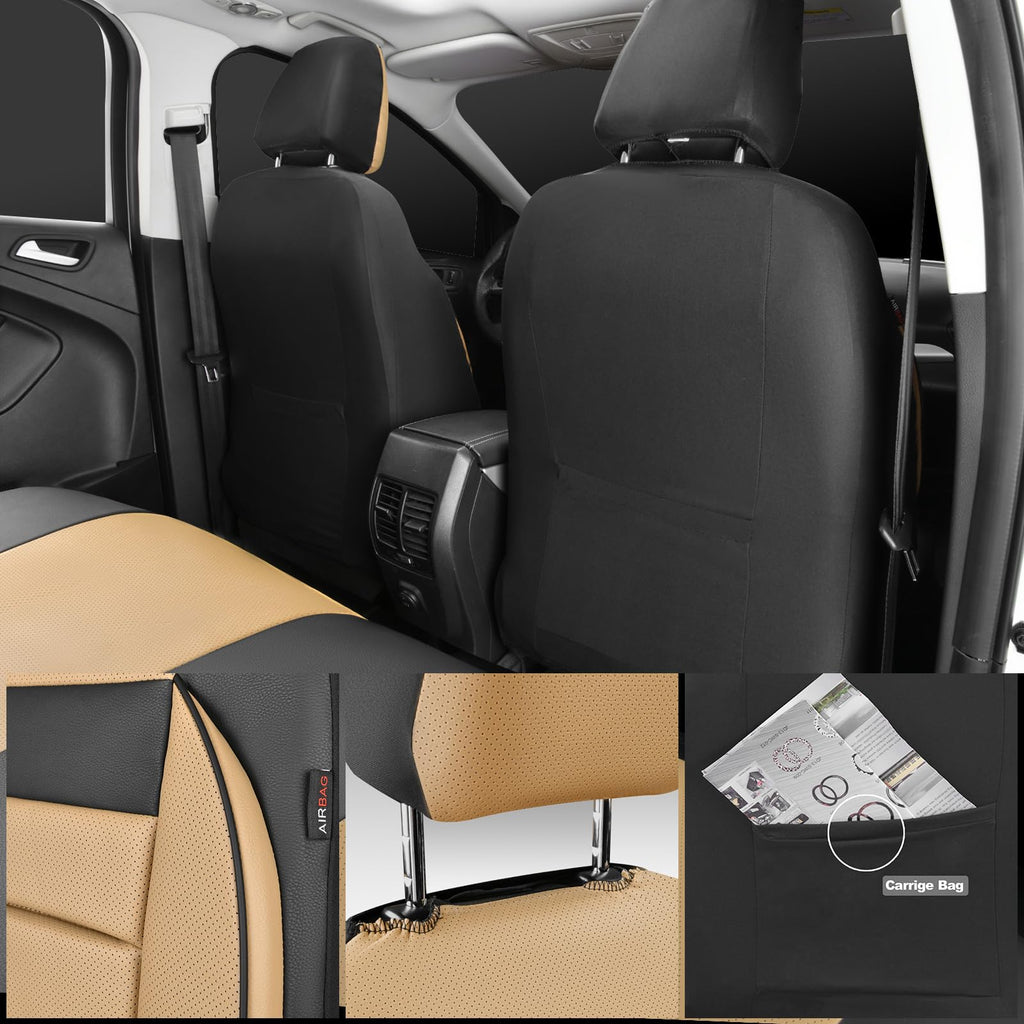 Leather Seat Covers Full Set Universal Water Resistant Beige Black O108