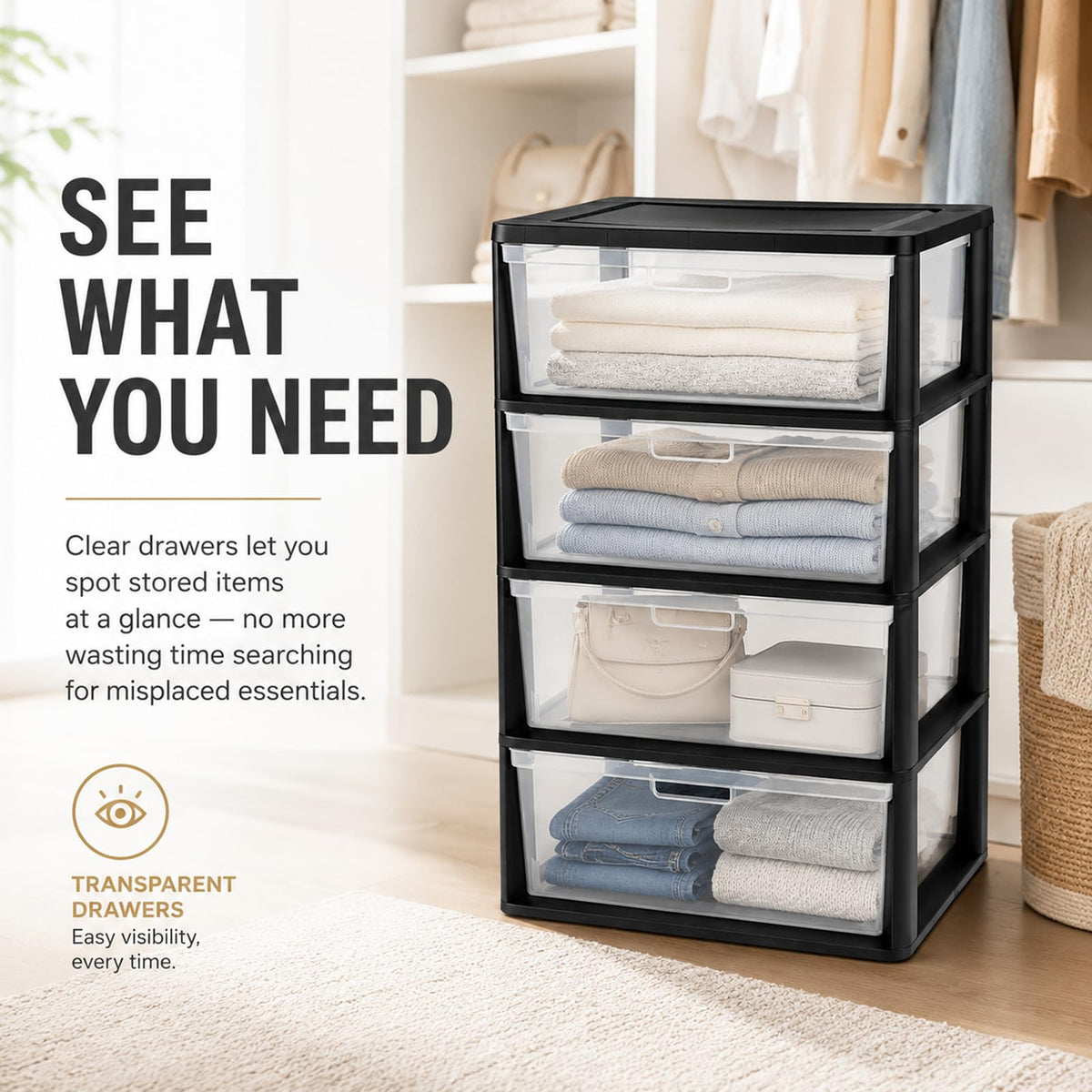 Wide 4 Drawer Plastic Storage Tower Organizer C905