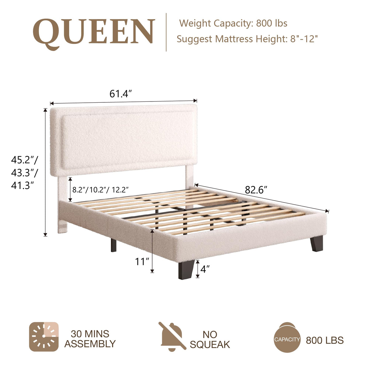 White Queen Size Upholstered Platform Bed Frame with Adjustable Headboard H31231