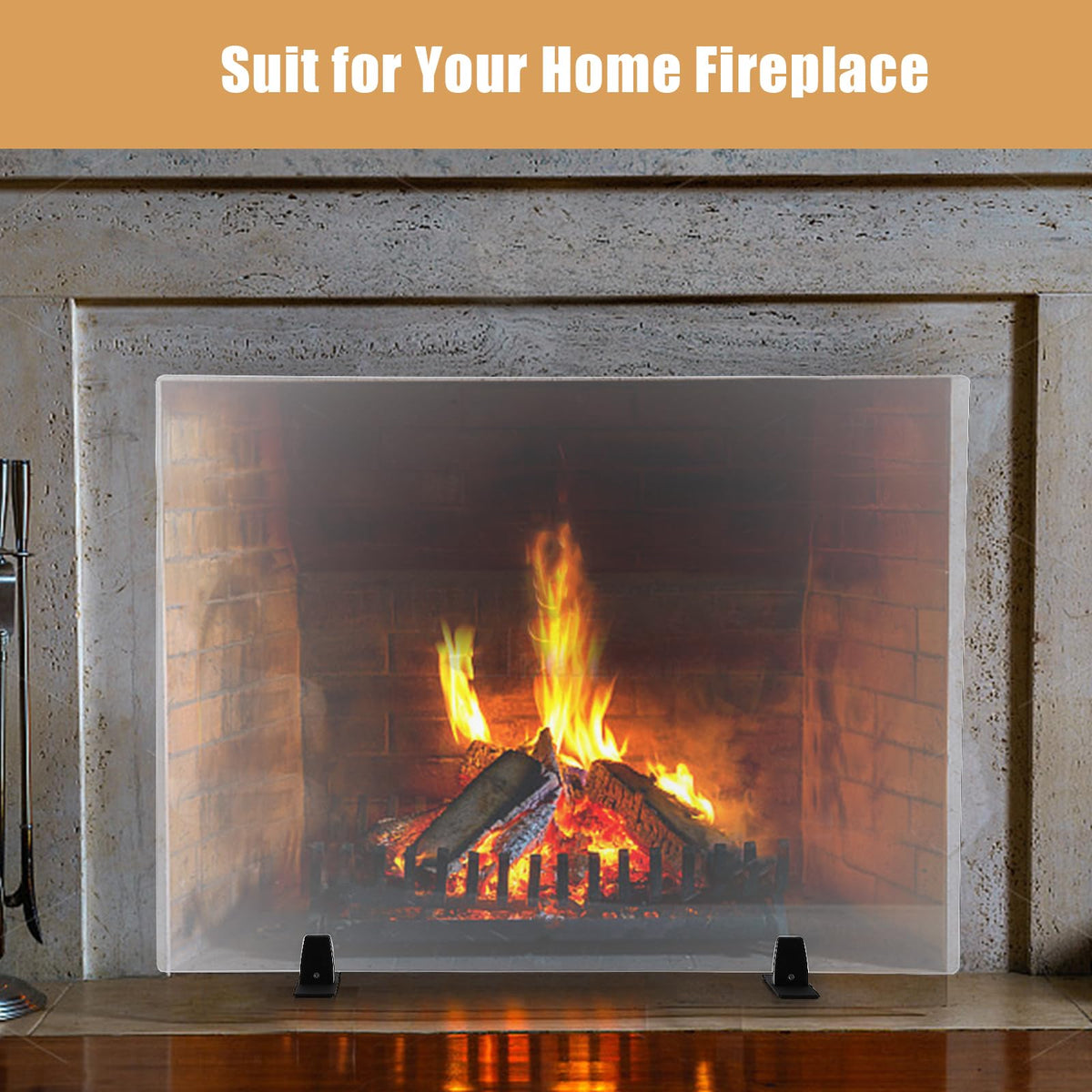 36 Inch Tempered Glass Fireplace Screen with Metal Black Base J769