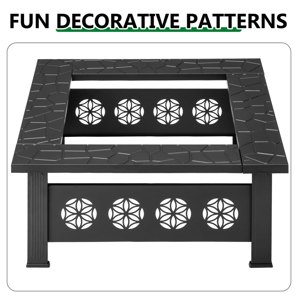 32 Inch Square Wood Burning Fire Pit Table with Spark Screen Lid and Fire Poker N490