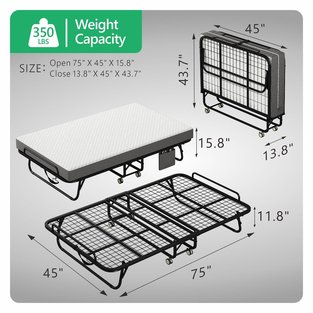Folding Twin XL Size Bed with Memory Foam Mattress U9877