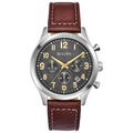 Men's Stainless Steel Chronograph Quartz Leather Strap Watch with Grey Dial, Gold Accents, 41mm E373