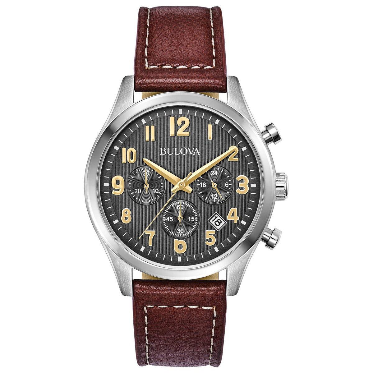 Men's Stainless Steel Chronograph Quartz Leather Strap Watch with Grey Dial, Gold Accents, 41mm E373