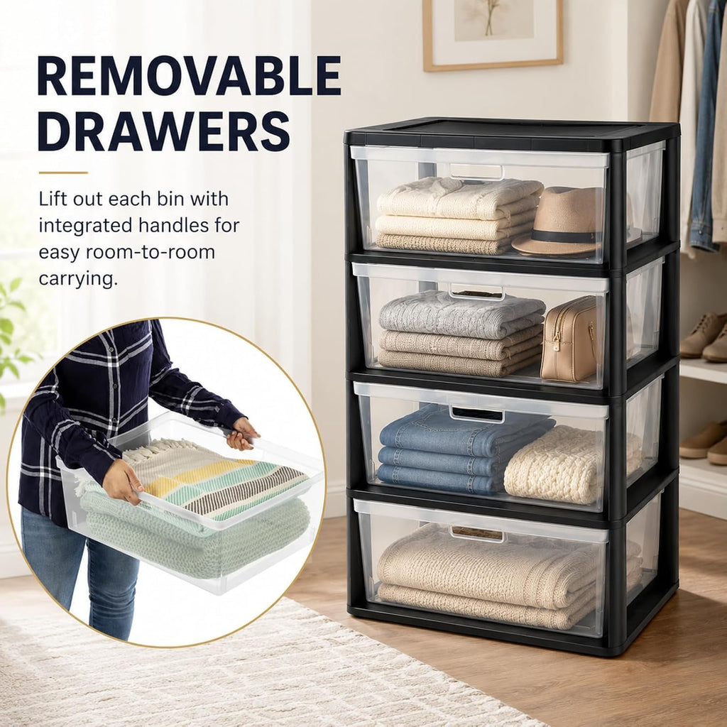 Wide 4 Drawer Plastic Storage Tower Organizer C905