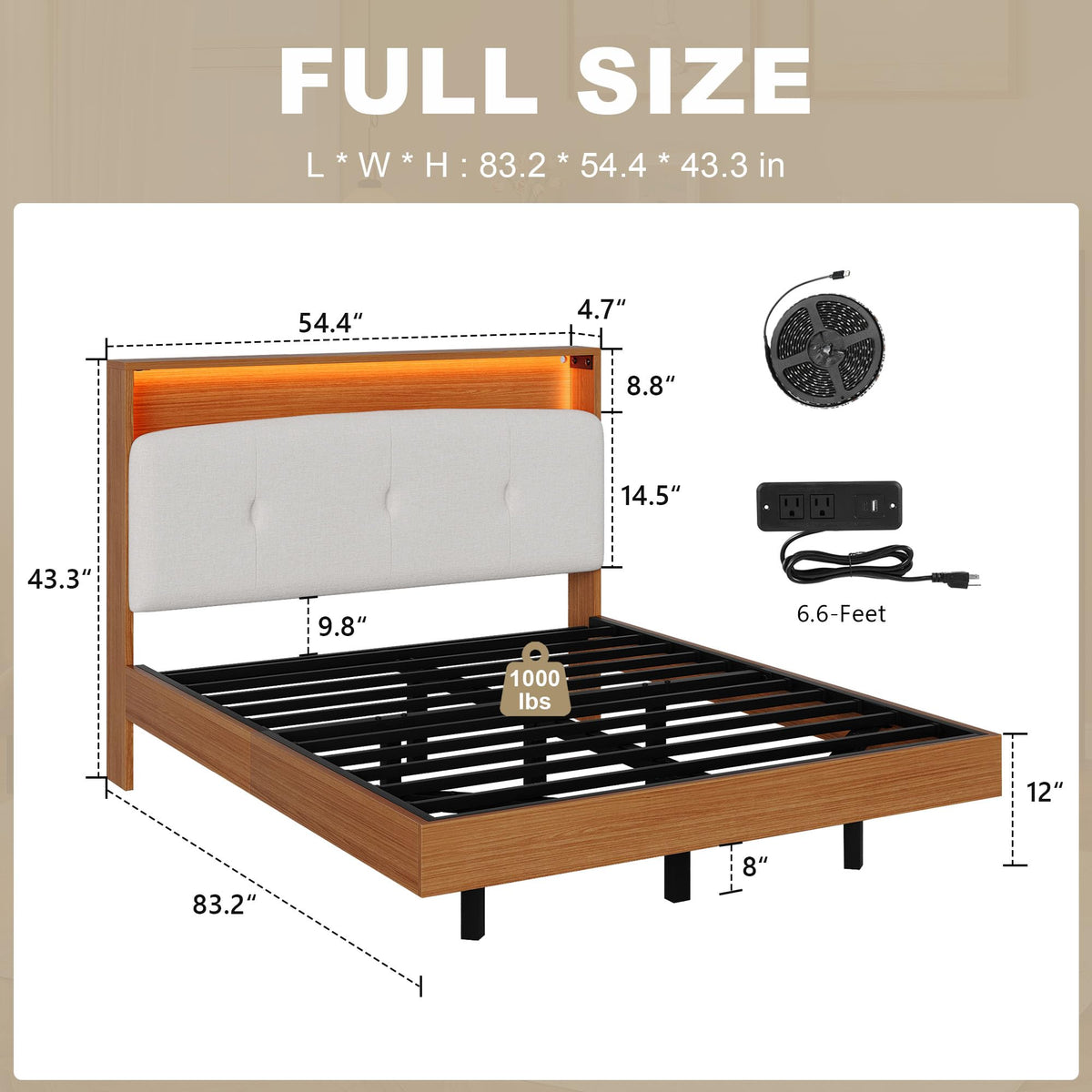 Full Size Floating Bed Frame with LED Light and Charging Station G8148
