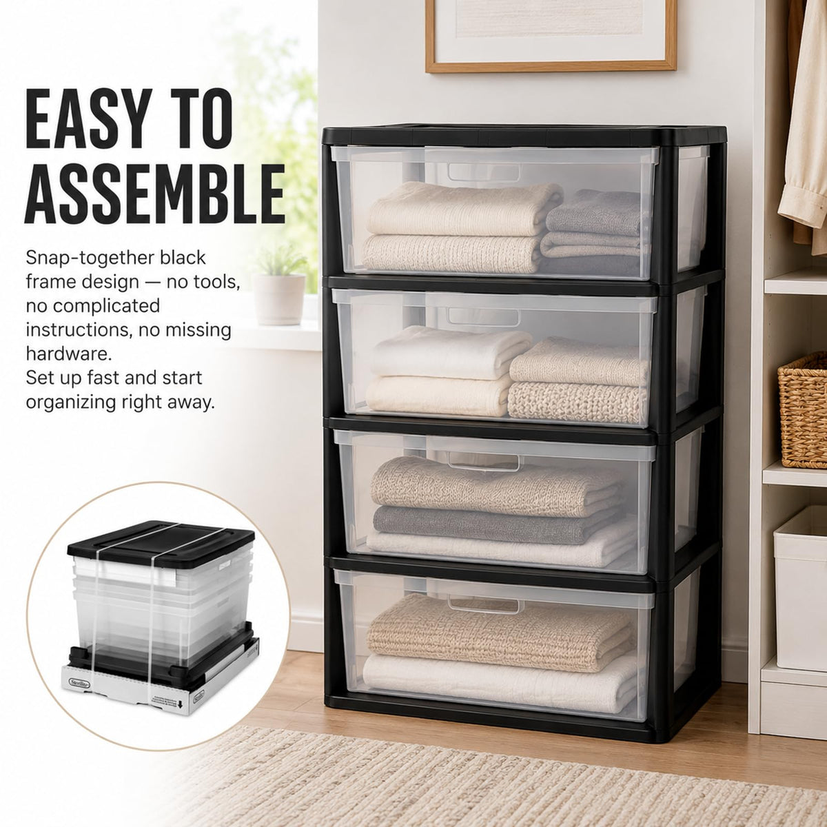 Wide 4 Drawer Plastic Storage Tower Organizer C905