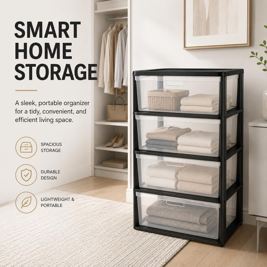 Wide 4 Drawer Plastic Storage Tower Organizer C905