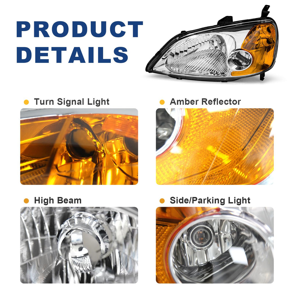 Headlight Assembly with Chrome Housing Amber Reflector Driver and Passenger Side M6575