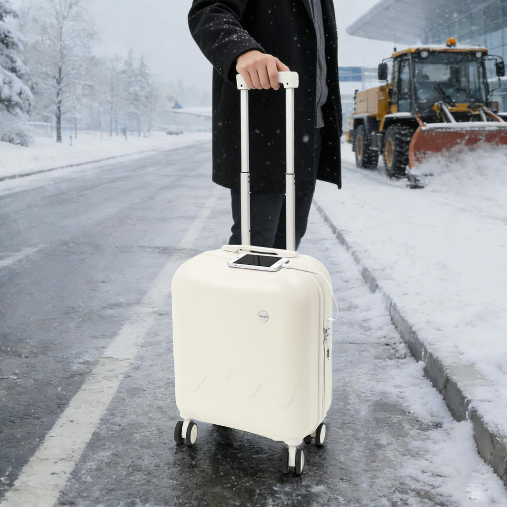 Pearl White 18In Hardside Rolling Suitcase with Cup Holder & USB Port D287284