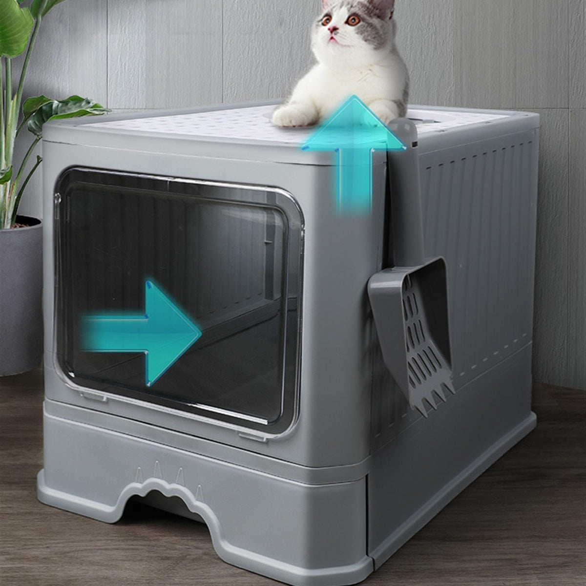 Enclosed Foldable Cat Litter Box with Lid H476995