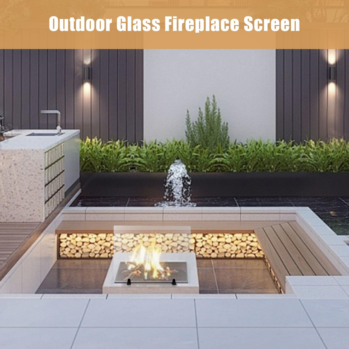 36 Inch Tempered Glass Fireplace Screen with Metal Black Base J769