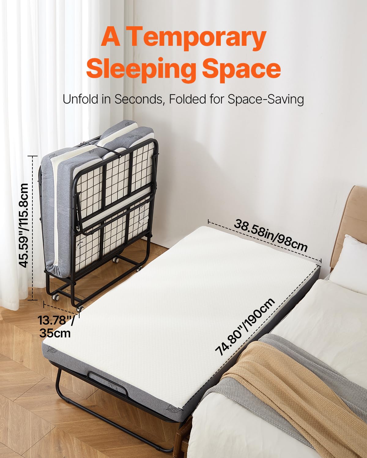 White Twin Size Folding Bed with 5 in Memory Foam Mattress V887