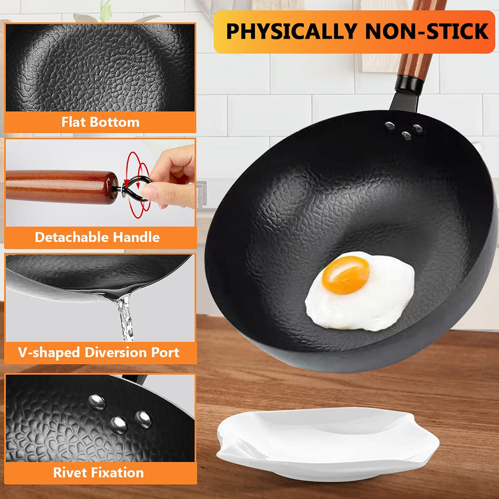 14 Piece Carbon Steel Wok Pan Set with Wooden Lid J184678