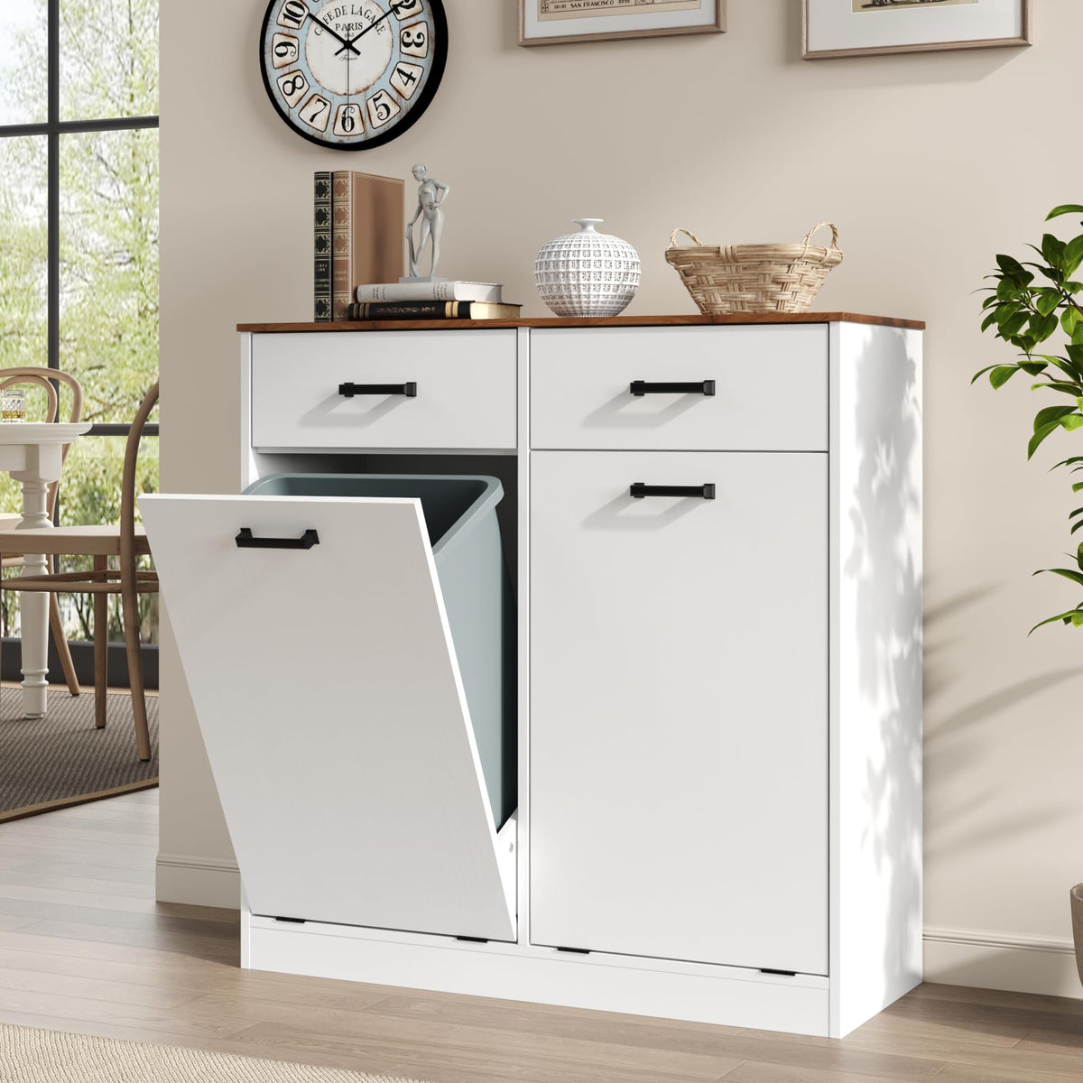 Antique White Double Tilt Out Trash Can Cabinet with 2 Drawers U480