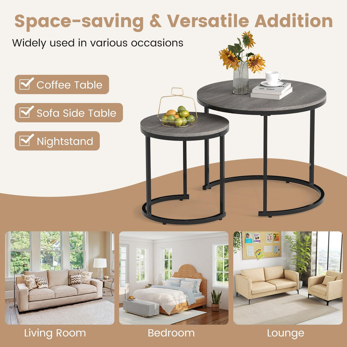 Round Nesting Coffee Table Set of 2 Grey Oak I901581