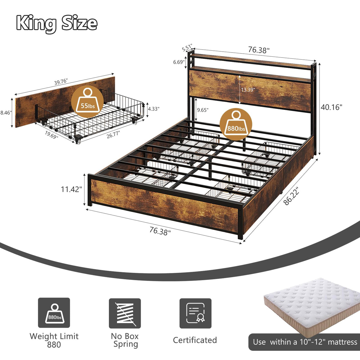 King Size Metal Platform Bed Frame with 4 Storage Drawers P31248