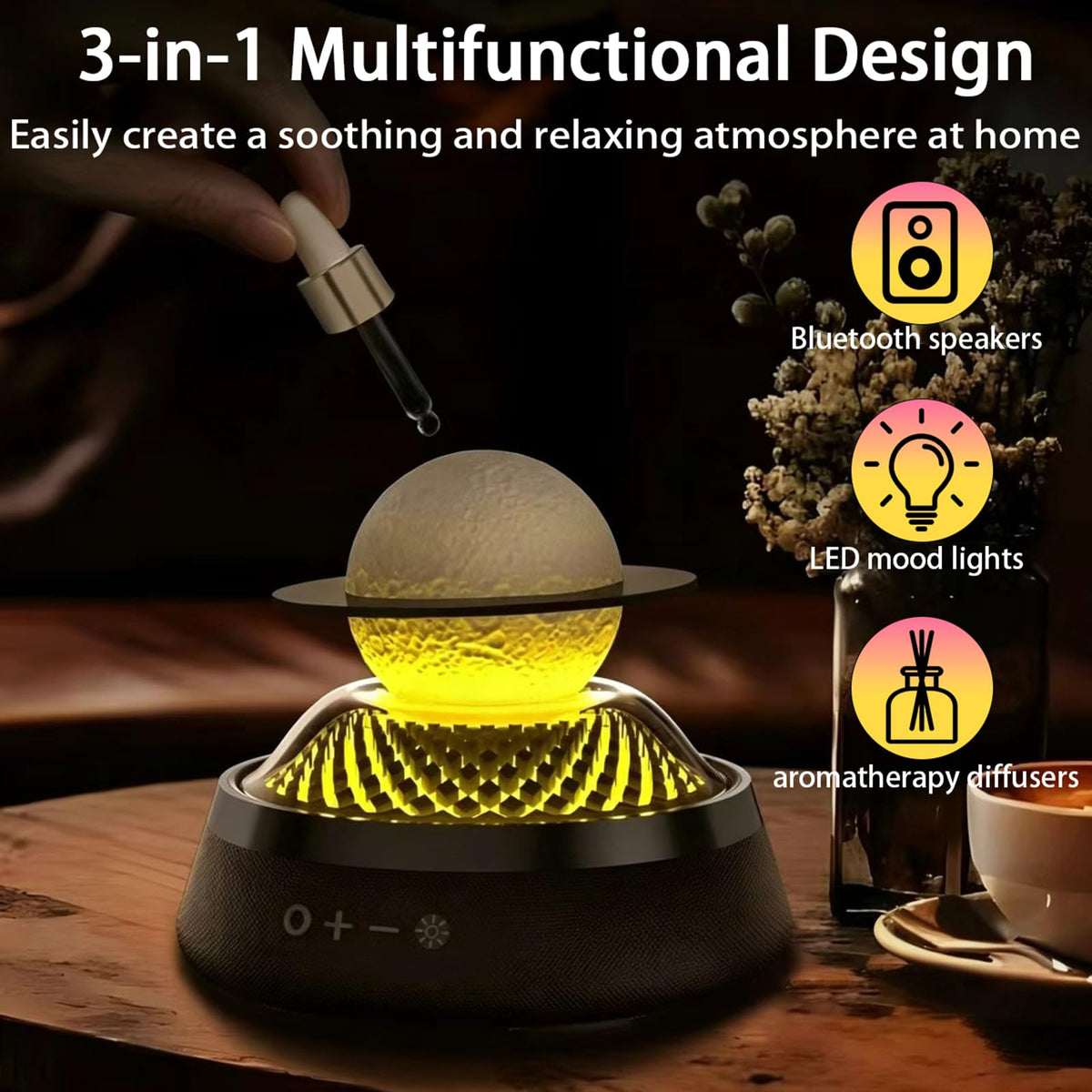 Black Portable Bluetooth Speaker with LED Night Light and Essential Oil Diffuser Z687545