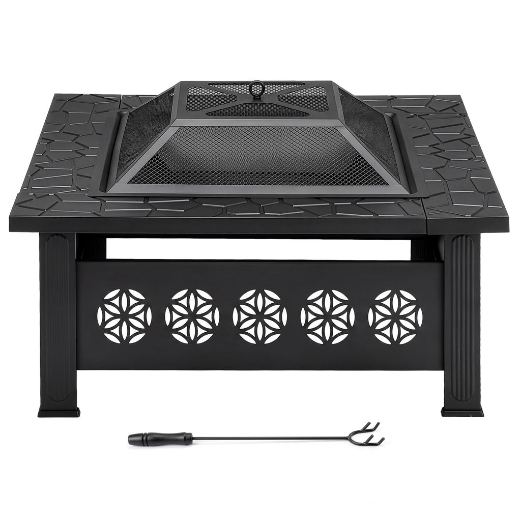 32 Inch Square Wood Burning Fire Pit Table with Spark Screen Lid and Fire Poker N490
