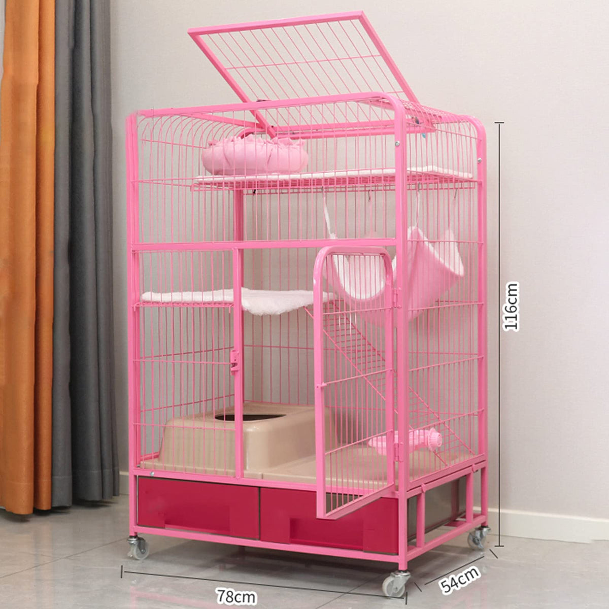 Pink Folding Metal Cat Cage Dog Crate with Four Wheels H2754