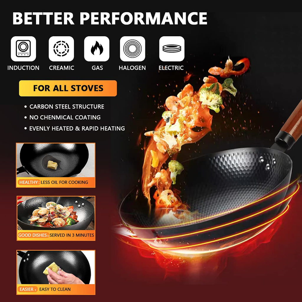 14 Piece Carbon Steel Wok Pan Set with Wooden Lid J184678