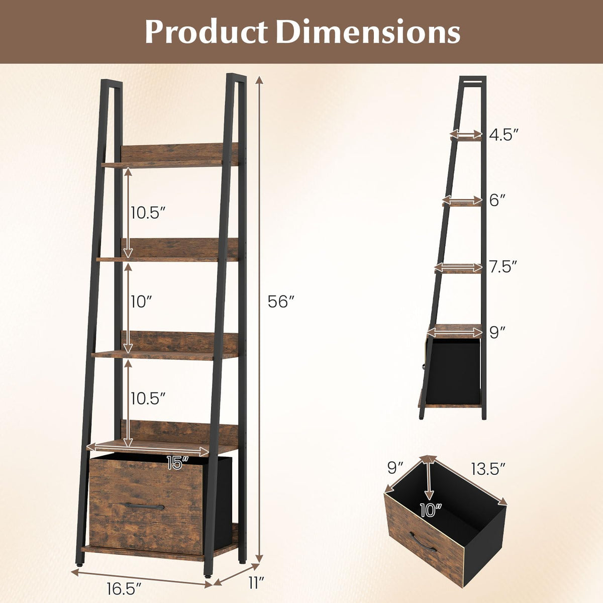 5-Tier Ladder Bookshelf with Fabric Drawer L26614
