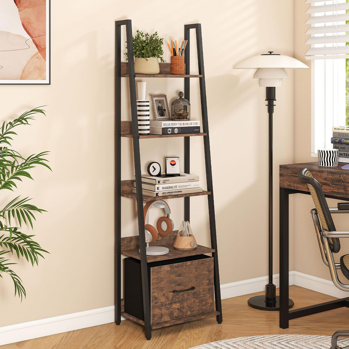 5-Tier Ladder Bookshelf with Fabric Drawer L26614