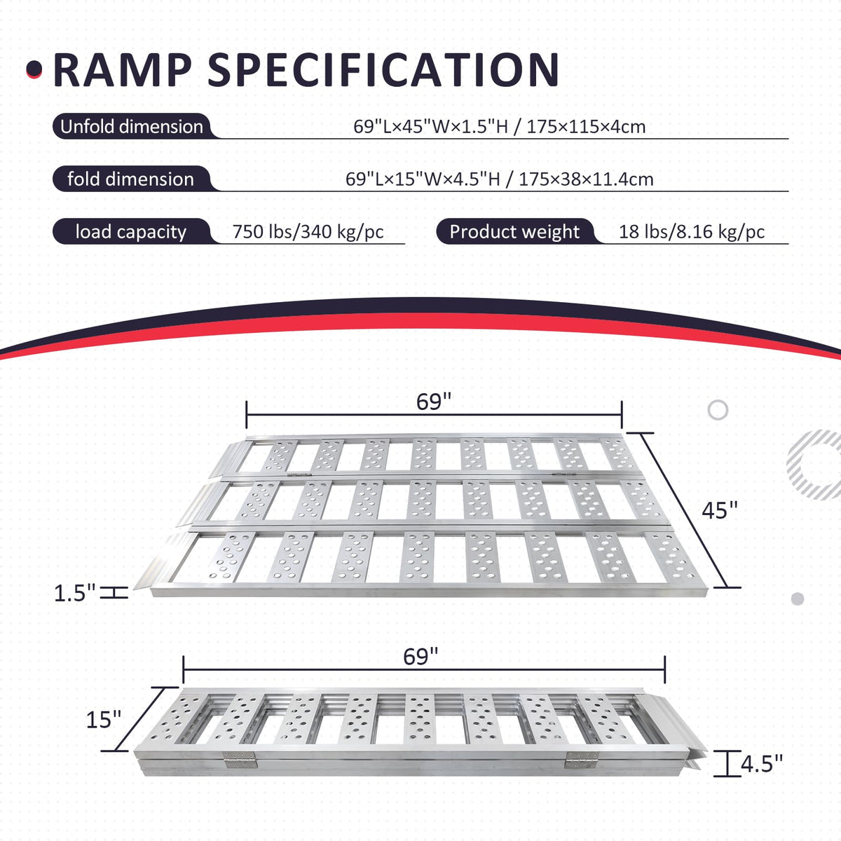 Full Width Aluminum Tri-Fold Loading Ramps with Treads Z84820