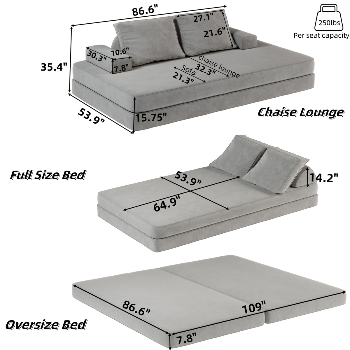 Light Gray Convertible Sofa Bed A411644