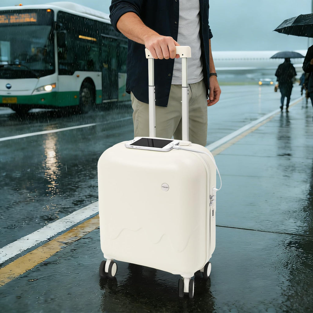 Pearl White 18In Hardside Rolling Suitcase with Cup Holder & USB Port D287284