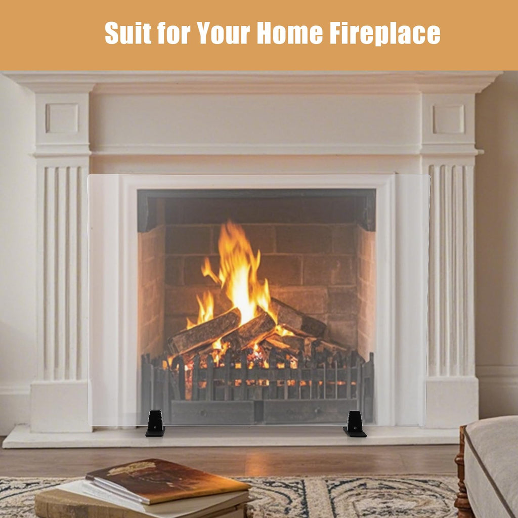 36 Inch Tempered Glass Fireplace Screen with Metal Black Base J769