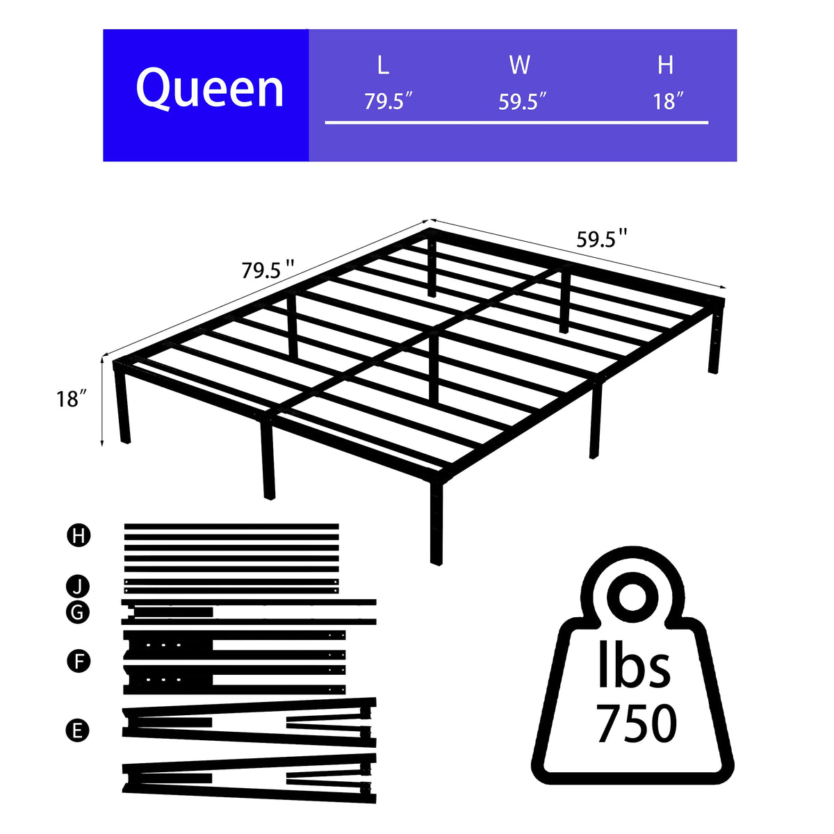 Queen Size Platform Bed Frame Steel Slat Support Black R2649
