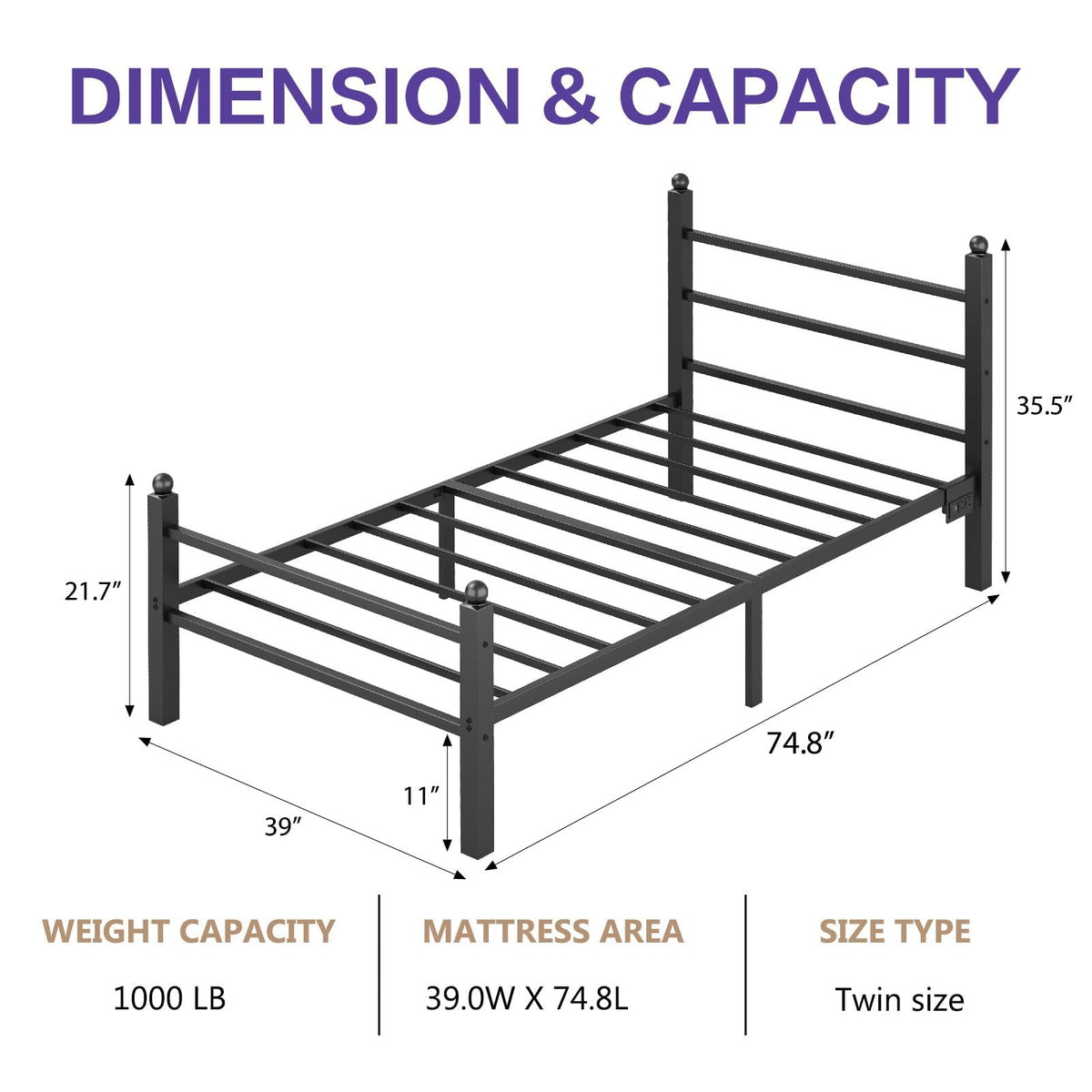 Black Twin Bed Frame with LED Lights and Charging Station O495