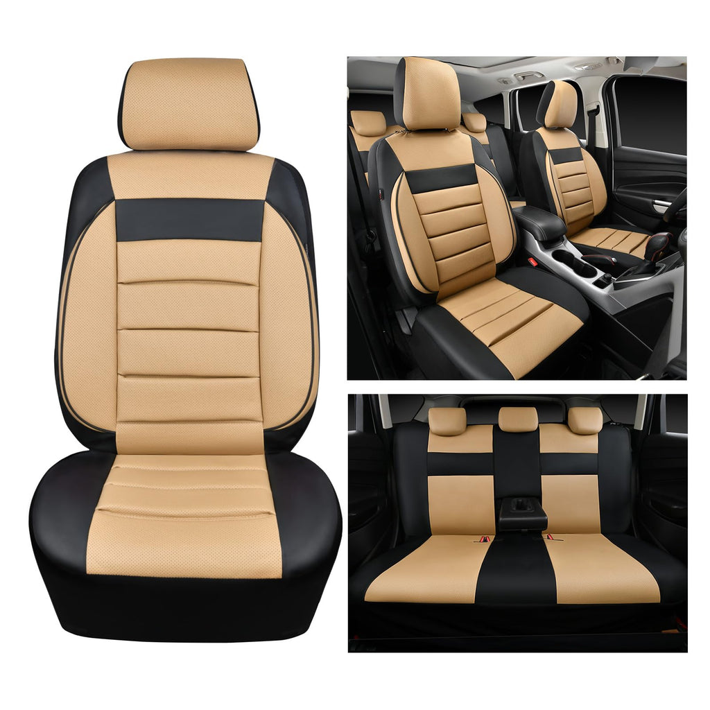 Leather Seat Covers Full Set Universal Water Resistant Beige Black O108