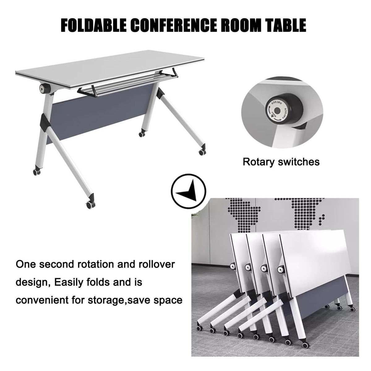 Portable Folding Conference Table with Storage and Wheels B9029