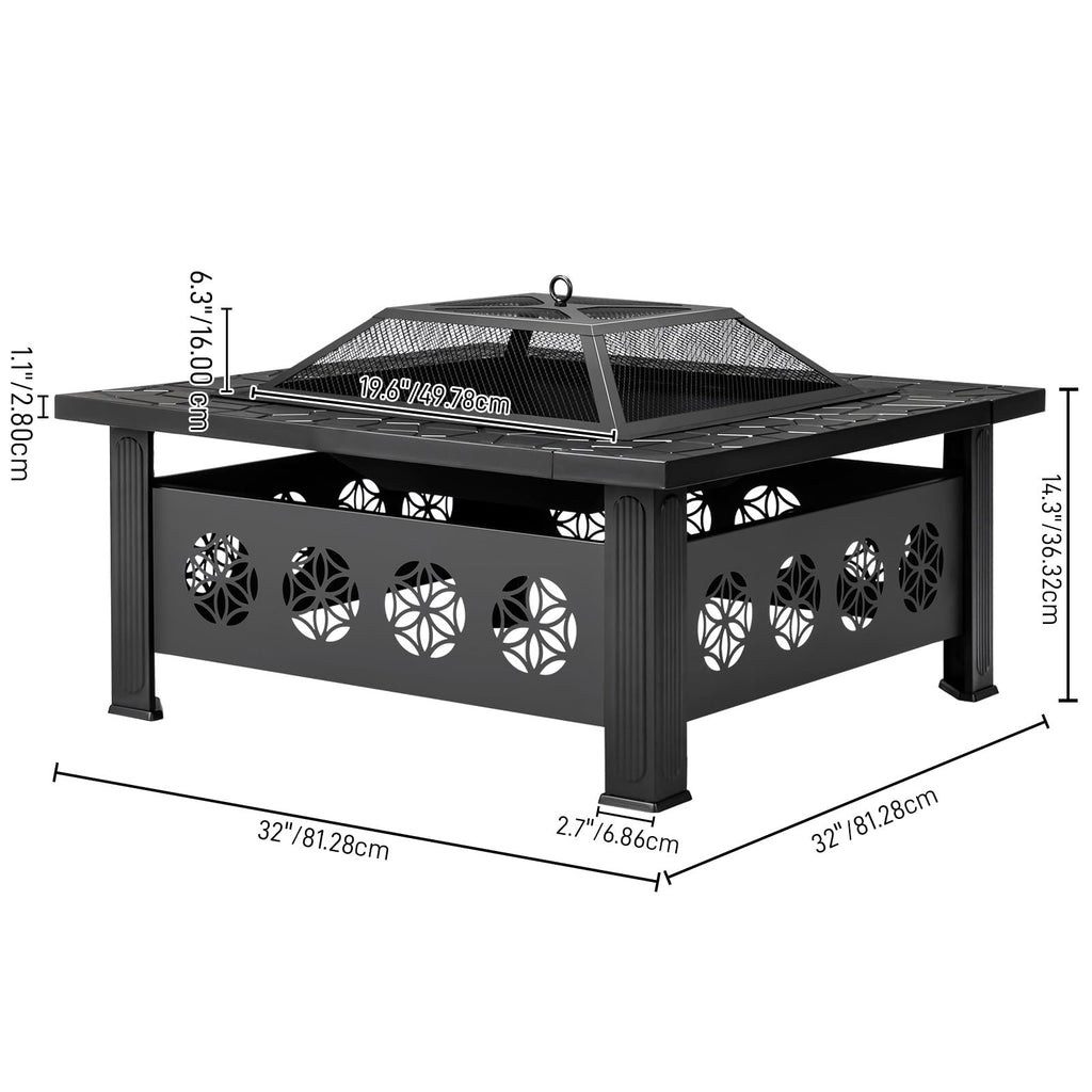 32 Inch Square Wood Burning Fire Pit Table with Spark Screen Lid and Fire Poker N490
